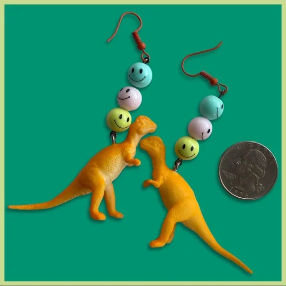 Orange Dinosaur Earrings with Smiley Beads - Picture 2 of 5